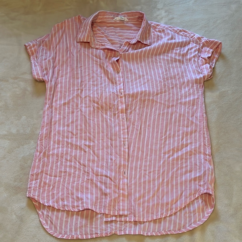 beachlunchlounge Pink and White Striped Button-Up Blouse